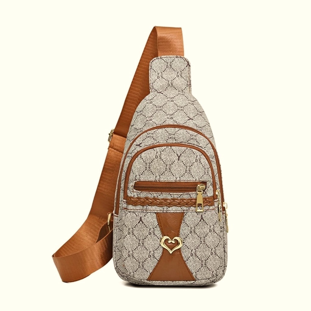 Women’s Tan/Brown Sling Crossbody Bag Nylon Vegan Leather Shoulder Pack
